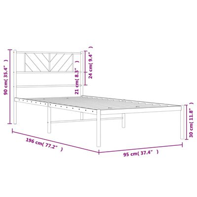 vidaXL Metal Bed Frame without Mattress with Headboard White 90x190 cm Single