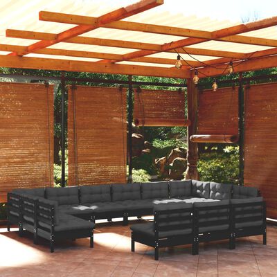 vidaXL 13 Piece Garden Lounge Set with Cushions Black Solid Pinewood