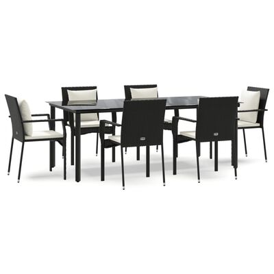 vidaXL 7 Piece Garden Dining Set with Cushions Black Poly Rattan