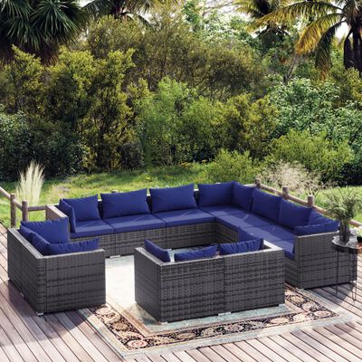 vidaXL 11 Piece Garden Lounge Set with Cushions Grey Poly Rattan