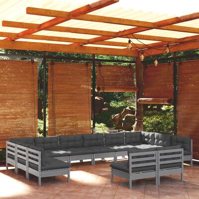 vidaXL 12 Piece Garden Lounge Set with Cushions Grey Solid Pinewood