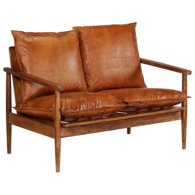 vidaXL 2-Seater Sofa Real Leather with Acacia Wood Brown