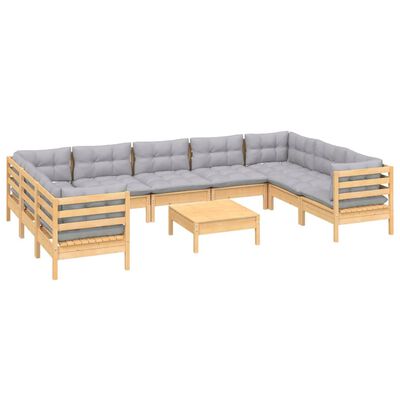 vidaXL 10 Piece Garden Lounge Set with Grey Cushions Pinewood