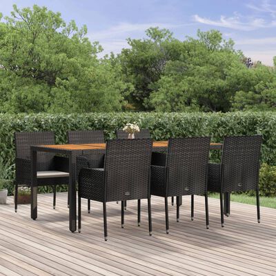 vidaXL 7 Piece Garden Dining Set with Cushions Black Poly Rattan