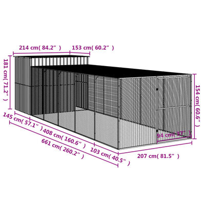 vidaXL Dog House with Run Light Grey 214x661x181 cm Galvanised Steel