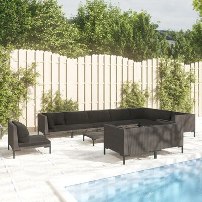 vidaXL 11 Piece Garden Lounge Set with Cushions Poly Rattan Dark Grey