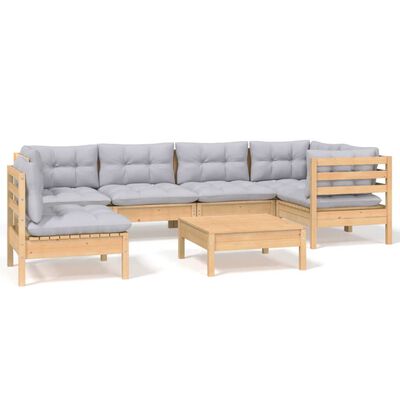 vidaXL 7 Piece Garden Lounge Set with Grey Cushions Pinewood