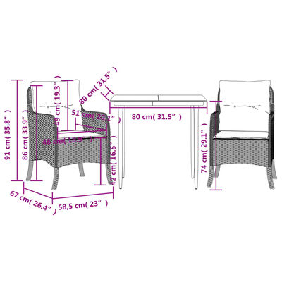 vidaXL 3 Piece Garden Dining Set with Cushions Grey Poly Rattan