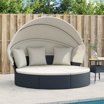 vidaXL Outdoor Lounge Bed with Canopy and Cushions Black Poly Rattan