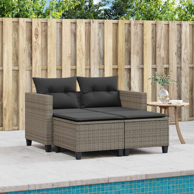 vidaXL Garden Sofa 2-Seater with Stools Grey Poly Rattan