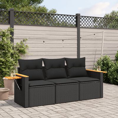 vidaXL 3 Piece Garden Sofa Set with Cushions Black Poly Rattan