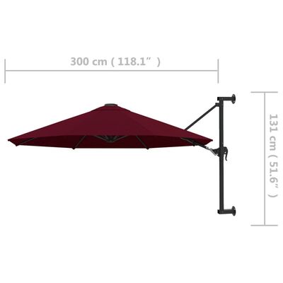 vidaXL Wall-Mounted Garden Parasol with Metal Pole 300 cm Burgundy