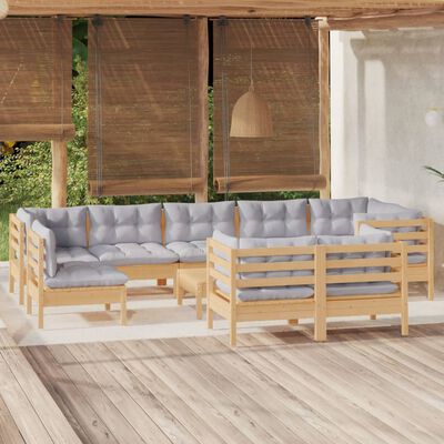 vidaXL 10 Piece Garden Lounge Set with Grey Cushions Solid Pinewood