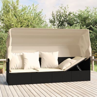 vidaXL Outdoor Lounge Bed with Roof and Cushions Black Poly Rattan