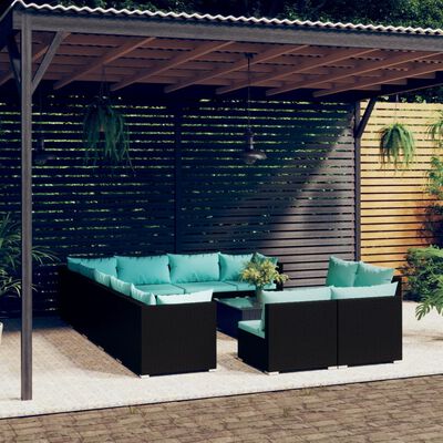 vidaXL 13 Piece Garden Lounge Set with Cushions Black Poly Rattan