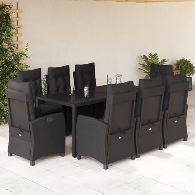 vidaXL 9 Piece Garden Dining Set with Cushions Black Poly Rattan