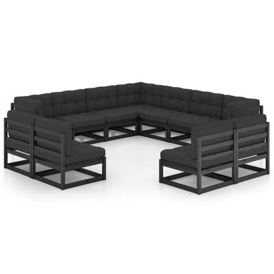 vidaXL 11 Piece Garden Lounge Set with Cushions Black Solid Pinewood