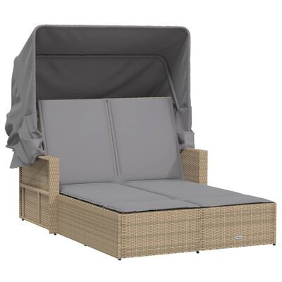 vidaXL Double Sun Lounger with Canopy and Cushions Mix Beige Poly Rattan