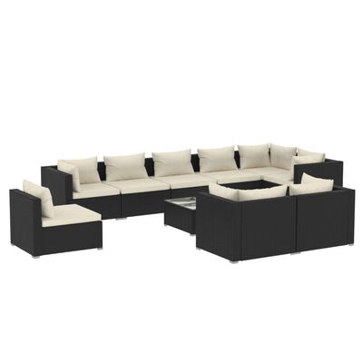 vidaXL 10 Piece Garden Lounge Set with Cushions Poly Rattan Black