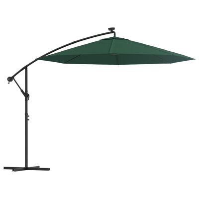 vidaXL Hanging Garden Parasol with LED Lighting 300 cm Green Metal Pole