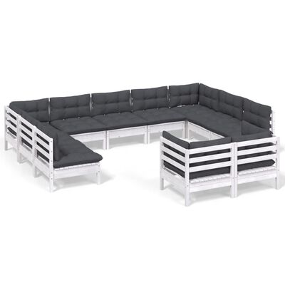 vidaXL 11 Piece Garden Lounge Set with Cushions White Solid Pinewood