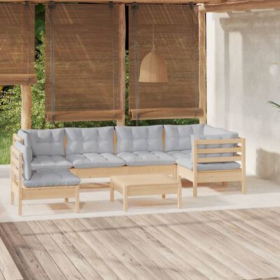 vidaXL 7 Piece Garden Lounge Set with Grey Cushions Pinewood