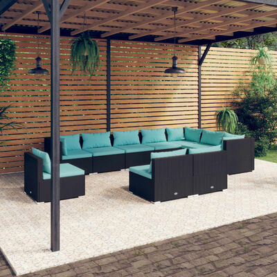 vidaXL 10 Piece Garden Lounge Set with Cushions Poly Rattan Black