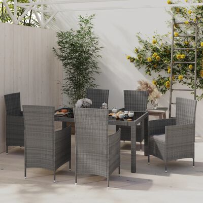 vidaXL 7 Piece Outdoor Dining Set with Cushions Poly Rattan Grey