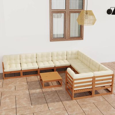 vidaXL 10 Piece Garden Lounge Set&Cushions Honey Brown Solid Pinewood