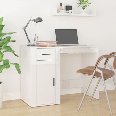 vidaXL Desk with Cabinet High Gloss White Engineered Wood