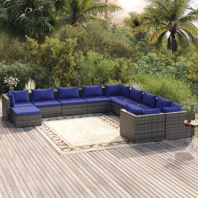 vidaXL 11 Piece Garden Lounge Set with Cushions Poly Rattan Grey