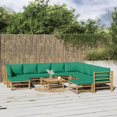 vidaXL 11 Piece Garden Lounge Set with Green Cushions Bamboo
