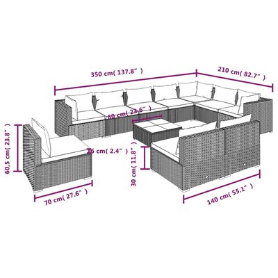 vidaXL 11 Piece Garden Lounge Set with Cushions Poly Rattan Grey