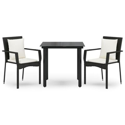 vidaXL 3 Piece Garden Dining Set with Cushions Black Poly Rattan