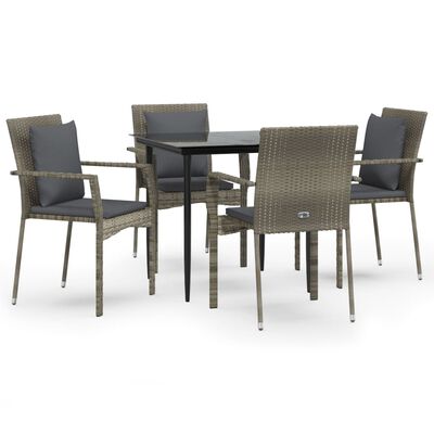 vidaXL 5 Piece Garden Dining Set with Cushions Black and Grey Poly Rattan