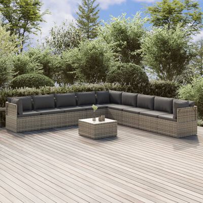 vidaXL 10 Piece Garden Lounge Set with Cushions Grey Poly Rattan