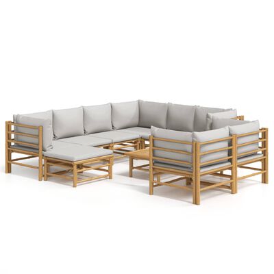 vidaXL 10 Piece Garden Lounge Set with Light Grey Cushions Bamboo