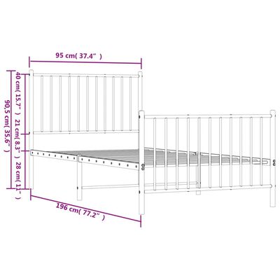 vidaXL Metal Bed Frame without Mattress with Footboard White 90x190 cm Single