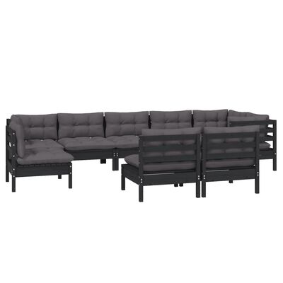 vidaXL 9 Piece Garden Lounge Set with Cushions Black Solid Pinewood