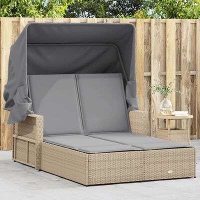 vidaXL Double Sun Lounger with Canopy and Cushions Mix Beige Poly Rattan