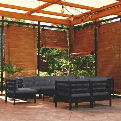 vidaXL 10 Piece Garden Lounge Set with Cushions Black Solid Pinewood