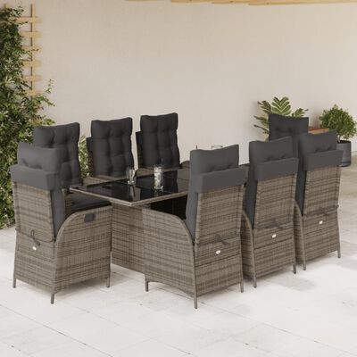 vidaXL 9 Piece Garden Dining Set with Cushions Grey Poly Rattan