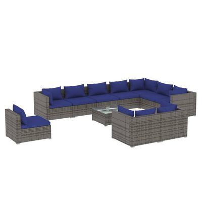 vidaXL 11 Piece Garden Lounge Set with Cushions Poly Rattan Grey