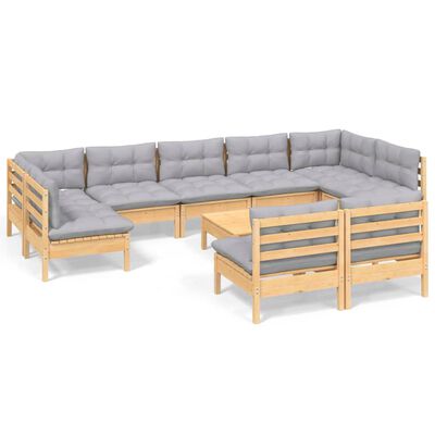 vidaXL 10 Piece Garden Lounge Set with Grey Cushions Solid Pinewood