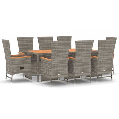 vidaXL 9 Piece Garden Dining Set with Cushions Grey Poly Rattan