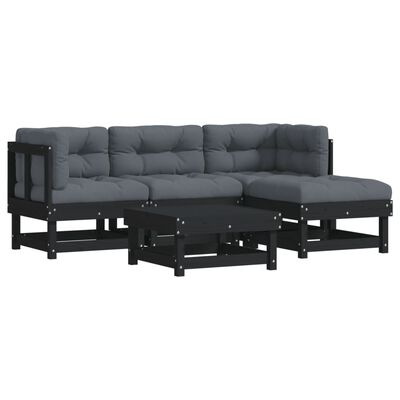 vidaXL 5 Piece Garden Lounge Set with Cushions Black Solid Wood