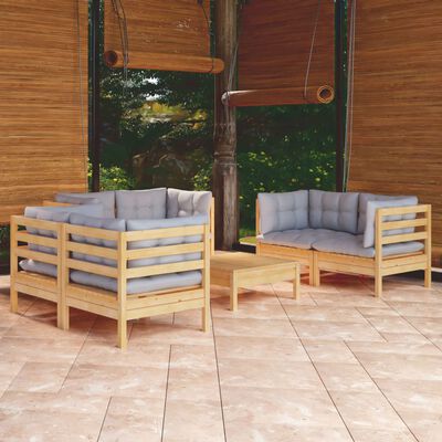 vidaXL 7 Piece Garden Lounge Set with Grey Cushions Solid Pinewood