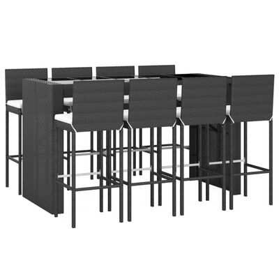 vidaXL 9 Piece Garden Bar Set with Cushions Black Poly Rattan