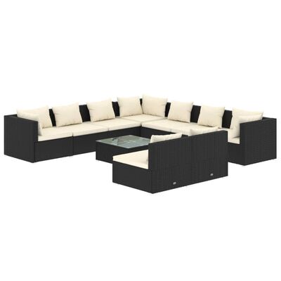 vidaXL 10 Piece Garden Lounge Set with Cushions Black Poly Rattan