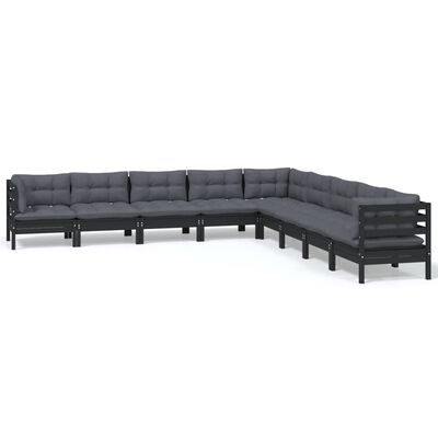 vidaXL 9 Piece Garden Lounge Set with Cushions Black Solid Pinewood